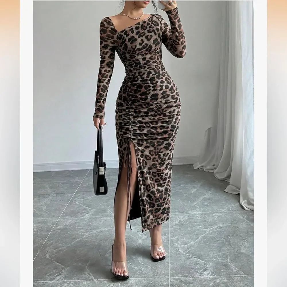 New Leopard print Asymmetrical Bodycon midi dress